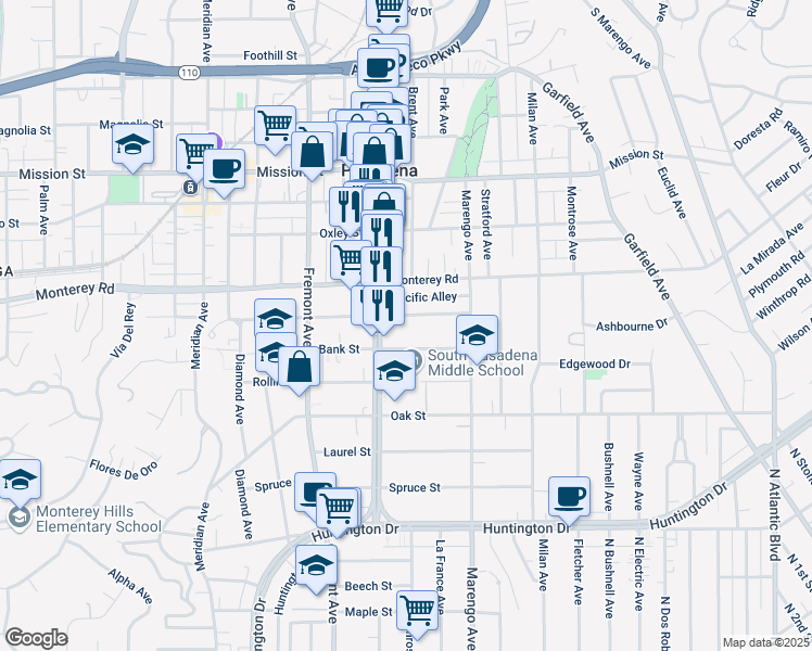 map of restaurants, bars, coffee shops, grocery stores, and more near 1621 Lyndon Street in South Pasadena