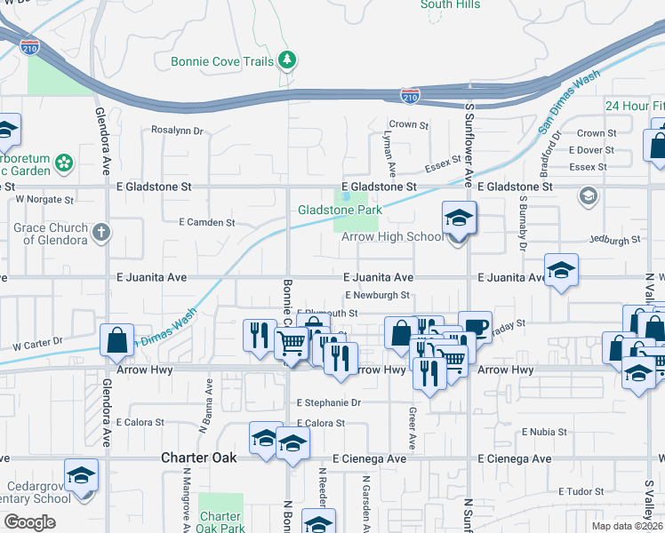 map of restaurants, bars, coffee shops, grocery stores, and more near 559 East Juanita Avenue in Glendora