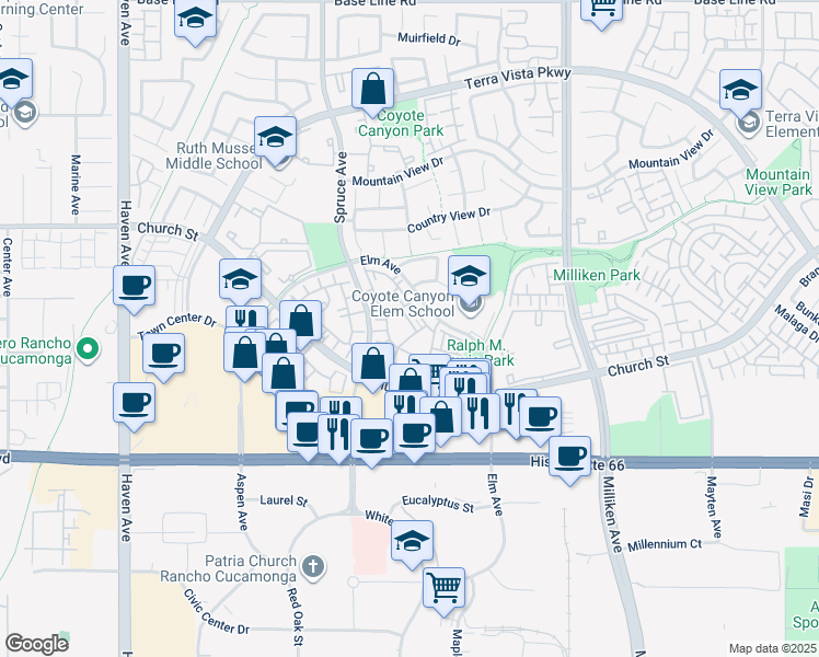 map of restaurants, bars, coffee shops, grocery stores, and more near 10950 Church Street in Rancho Cucamonga