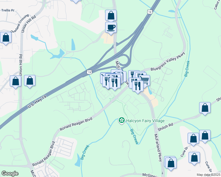 map of restaurants, bars, coffee shops, grocery stores, and more near 6500 Halcyon Way in Alpharetta