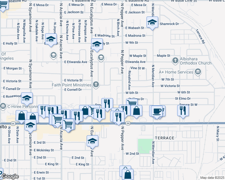 map of restaurants, bars, coffee shops, grocery stores, and more near 644 North Birch Avenue in Rialto