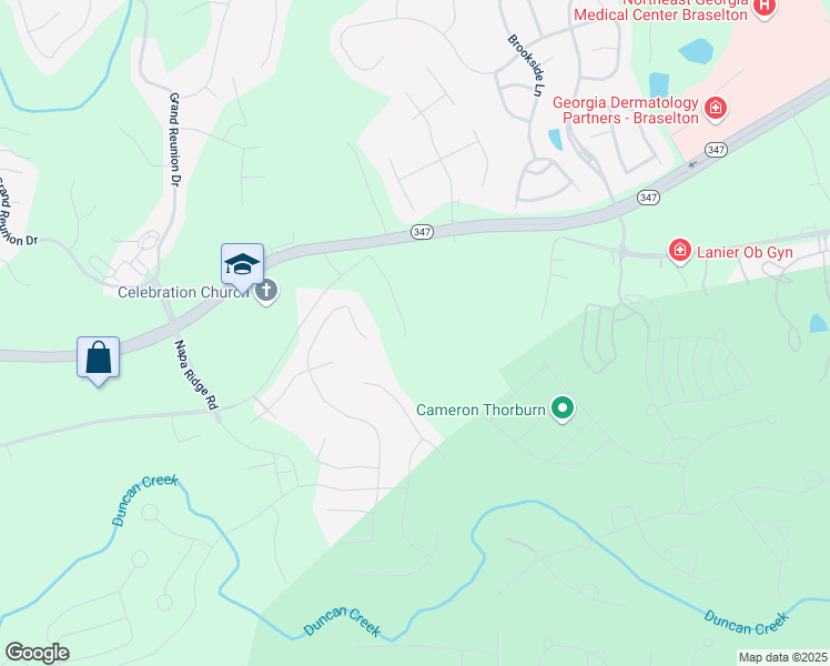 map of restaurants, bars, coffee shops, grocery stores, and more near 5685 Thompson Mill Road in Hoschton