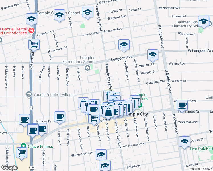 map of restaurants, bars, coffee shops, grocery stores, and more near 6119 Temple City Boulevard in Temple City