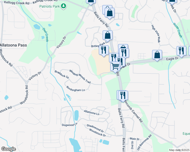 map of restaurants, bars, coffee shops, grocery stores, and more near 1664 Eagle Drive in Woodstock