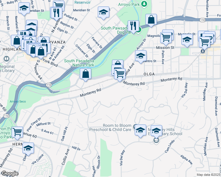 map of restaurants, bars, coffee shops, grocery stores, and more near 241 Monterey Road in South Pasadena