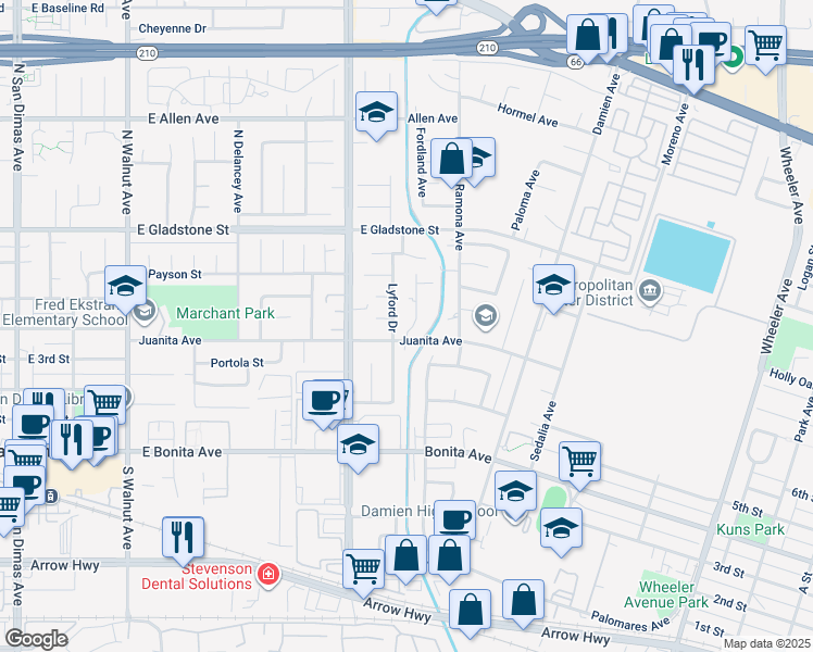 map of restaurants, bars, coffee shops, grocery stores, and more near 411 Fordland Avenue in La Verne
