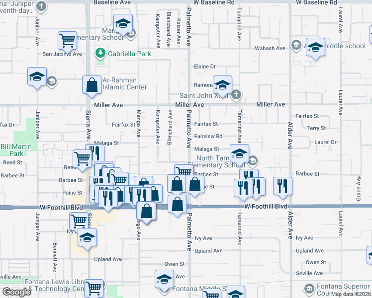 map of restaurants, bars, coffee shops, grocery stores, and more near 7874 Palmetto Avenue in Fontana