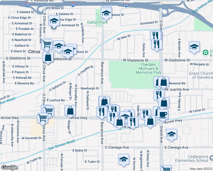 map of restaurants, bars, coffee shops, grocery stores, and more near 5439 Newburgh Street in Covina