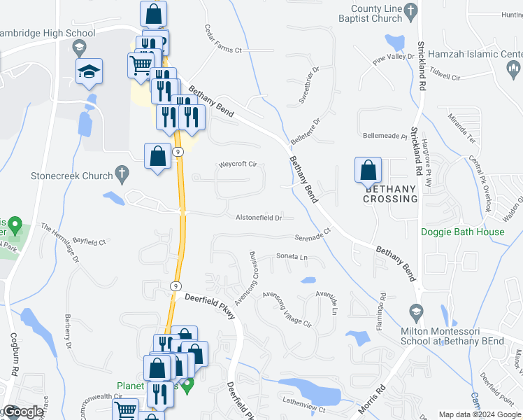 map of restaurants, bars, coffee shops, grocery stores, and more near 110 Quarrington Court in Alpharetta