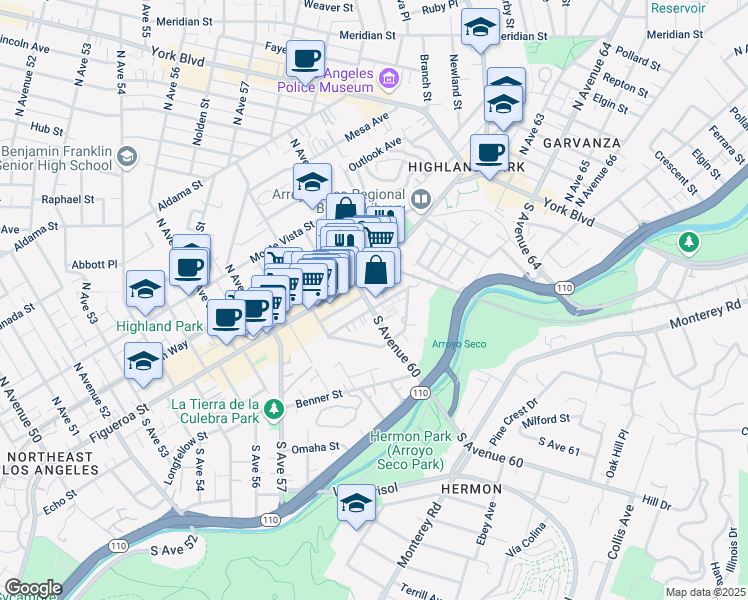 map of restaurants, bars, coffee shops, grocery stores, and more near 125 South Avenue 60 in Los Angeles