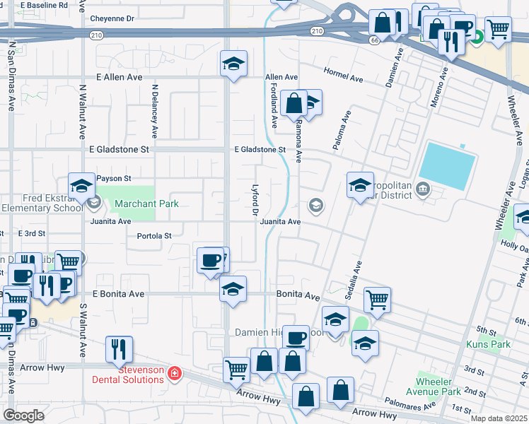 map of restaurants, bars, coffee shops, grocery stores, and more near 411 Fordland Avenue in La Verne