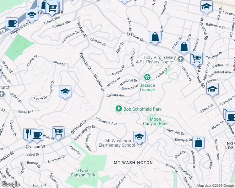 map of restaurants, bars, coffee shops, grocery stores, and more near Cleland Avenue in Los Angeles