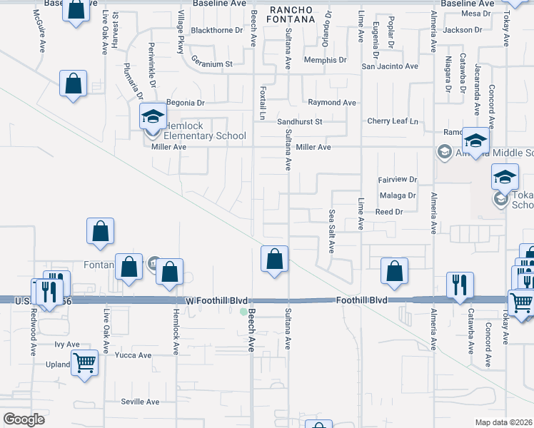 map of restaurants, bars, coffee shops, grocery stores, and more near 7832 Lemon Pepper Avenue in Fontana
