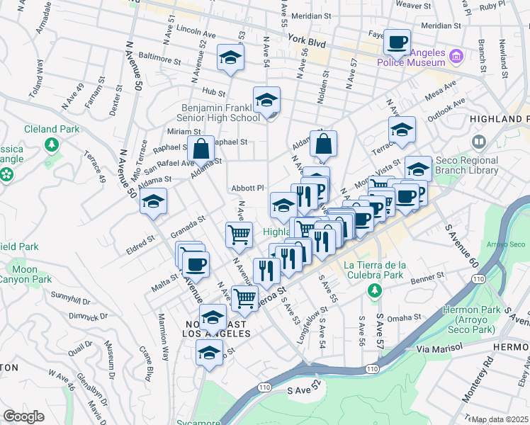 map of restaurants, bars, coffee shops, grocery stores, and more near 404 North Avenue 54 in Los Angeles