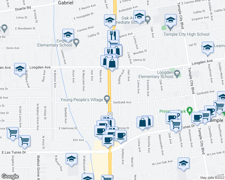 map of restaurants, bars, coffee shops, grocery stores, and more near 6207 Sultana Avenue in Temple City