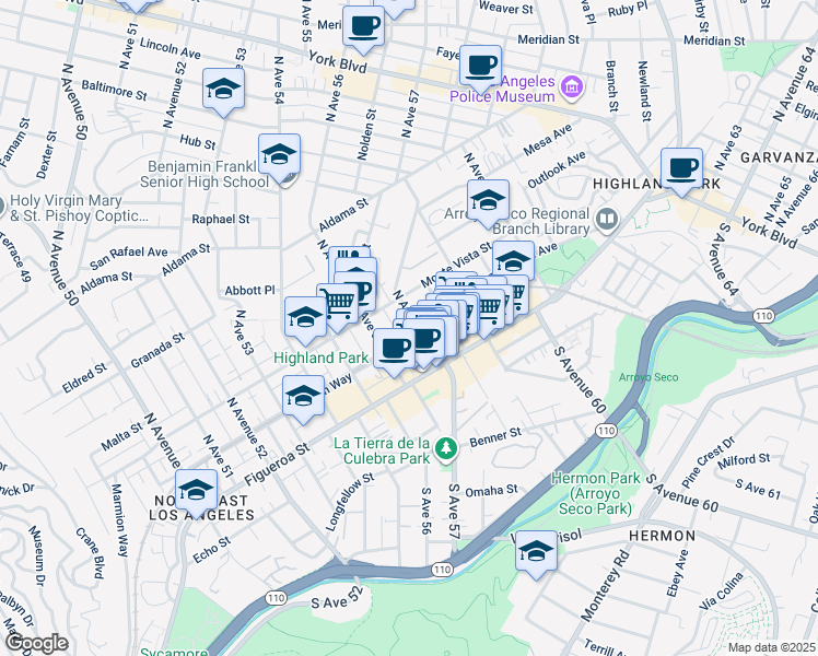 map of restaurants, bars, coffee shops, grocery stores, and more near 208 1/2 North Avenue 57 in Los Angeles