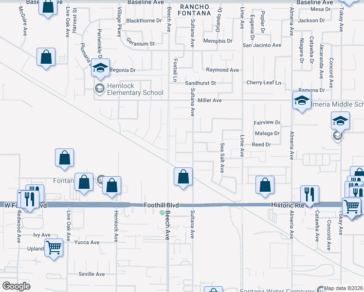 map of restaurants, bars, coffee shops, grocery stores, and more near 15345 Chive Lane in Fontana