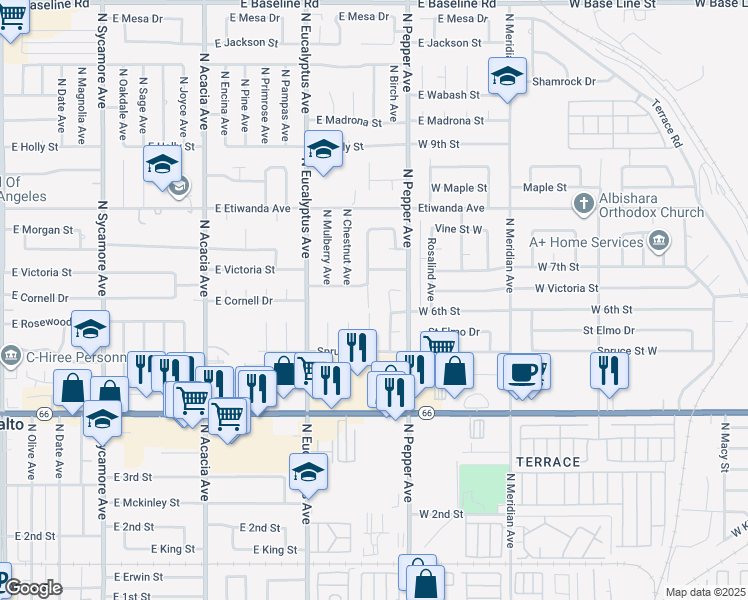 map of restaurants, bars, coffee shops, grocery stores, and more near 644 North Birch Avenue in Rialto