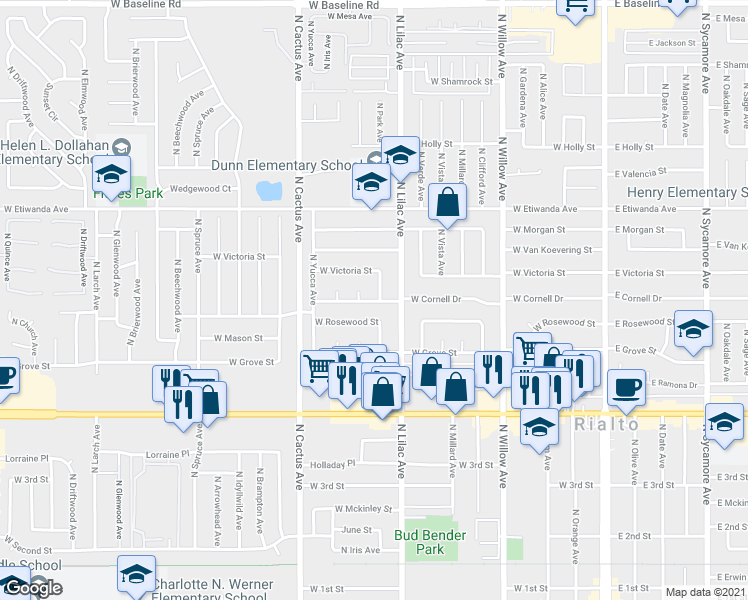 map of restaurants, bars, coffee shops, grocery stores, and more near 582 West Cornell Drive in Rialto