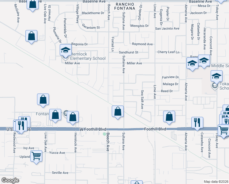 map of restaurants, bars, coffee shops, grocery stores, and more near 7832 Lemon Pepper Avenue in Fontana