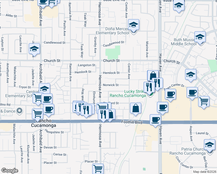 map of restaurants, bars, coffee shops, grocery stores, and more near 10159 Ashford Street in Rancho Cucamonga