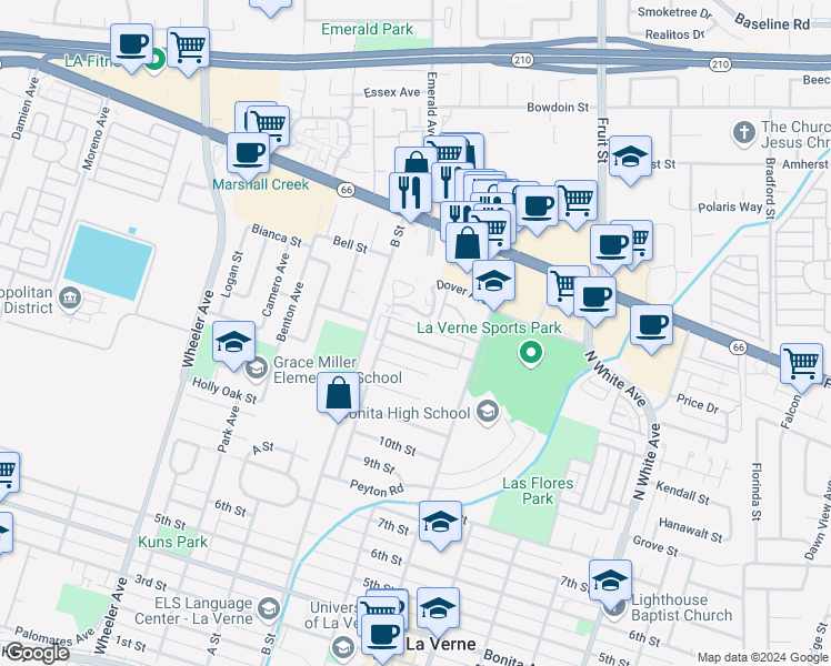map of restaurants, bars, coffee shops, grocery stores, and more near 1916 Canopy Lane in La Verne