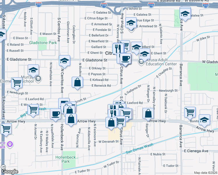 map of restaurants, bars, coffee shops, grocery stores, and more near 18414 East Kirkwall Road in Azusa