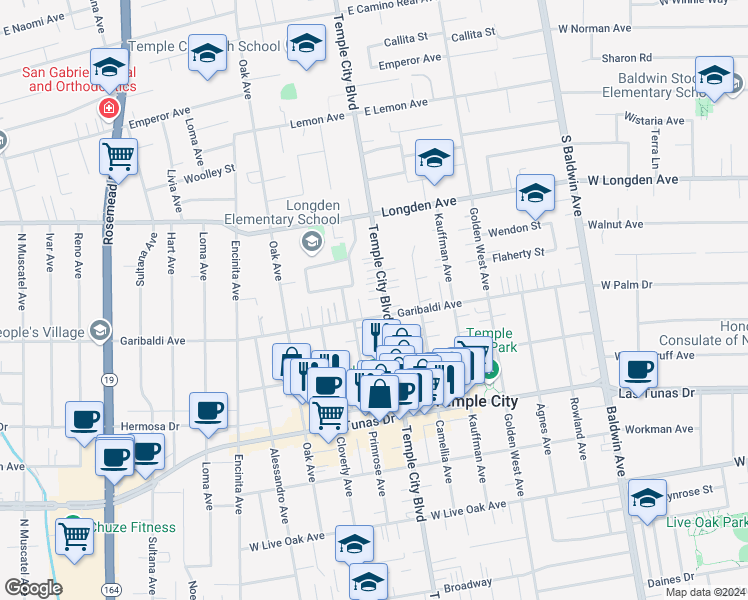 map of restaurants, bars, coffee shops, grocery stores, and more near 6143 Temple City Boulevard in Temple City