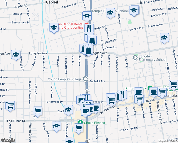 map of restaurants, bars, coffee shops, grocery stores, and more near 6207 Sultana Avenue in Temple City