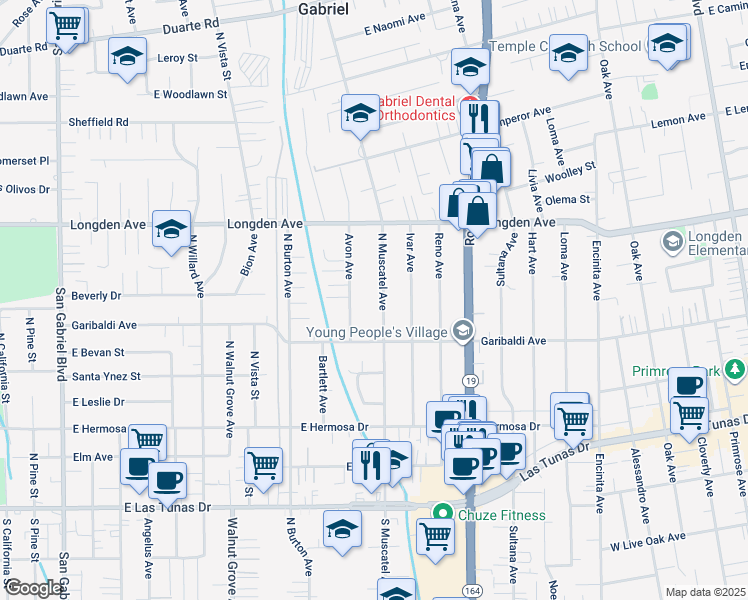 map of restaurants, bars, coffee shops, grocery stores, and more near 6208 North Muscatel Avenue in San Gabriel
