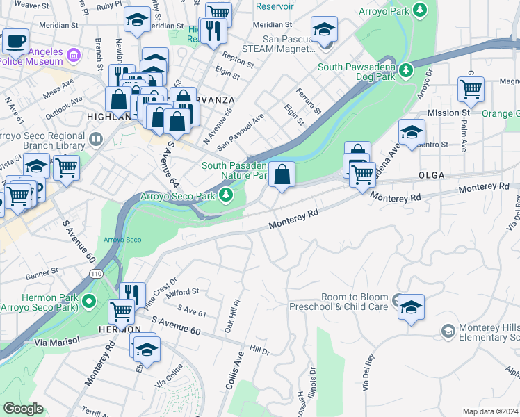 map of restaurants, bars, coffee shops, grocery stores, and more near 99 Pasadena Avenue in South Pasadena