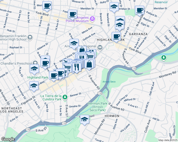 map of restaurants, bars, coffee shops, grocery stores, and more near 6042 North Figueroa Street in Los Angeles