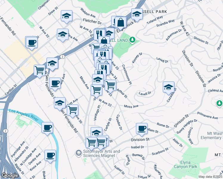 map of restaurants, bars, coffee shops, grocery stores, and more near 2520 Arthur Street in Los Angeles