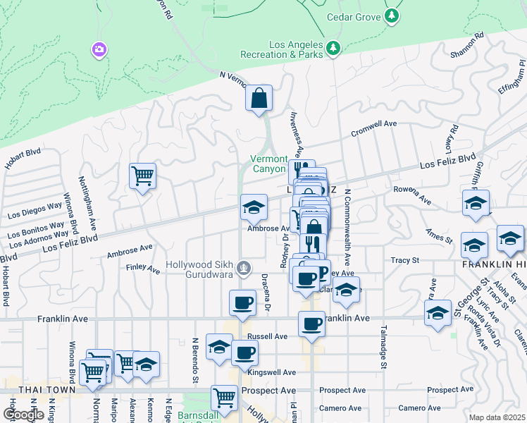 map of restaurants, bars, coffee shops, grocery stores, and more near 4609 Los Feliz Boulevard in Los Angeles
