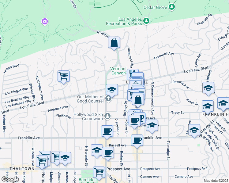 map of restaurants, bars, coffee shops, grocery stores, and more near 4609 Los Feliz Boulevard in Los Angeles