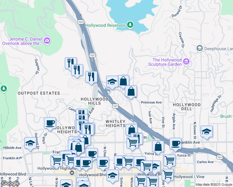 map of restaurants, bars, coffee shops, grocery stores, and more near 2304 North Cahuenga Boulevard in Los Angeles