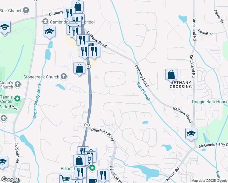 map of restaurants, bars, coffee shops, grocery stores, and more near 520 Astonefield Drive in Alpharetta