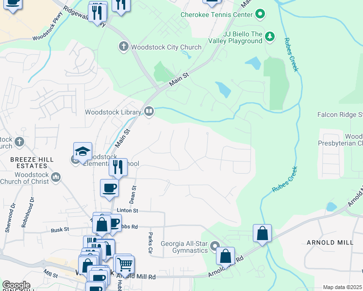 map of restaurants, bars, coffee shops, grocery stores, and more near 621 Oakbourne Way in Woodstock