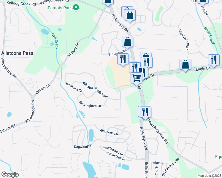 map of restaurants, bars, coffee shops, grocery stores, and more near 1666 Eagle Drive in Woodstock