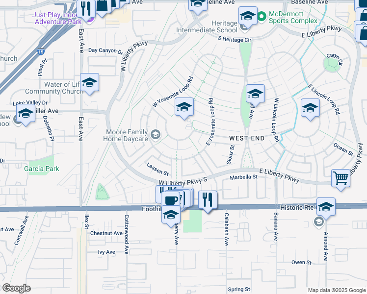 map of restaurants, bars, coffee shops, grocery stores, and more near 13646 Kings Canyon Court in Fontana