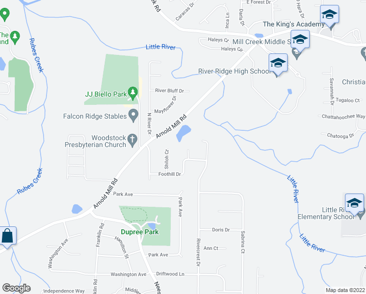map of restaurants, bars, coffee shops, grocery stores, and more near 403 Seneca Court in Woodstock