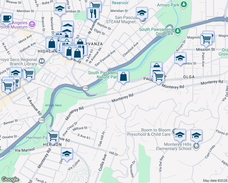 map of restaurants, bars, coffee shops, grocery stores, and more near 1035 Arroyo Verde Road in South Pasadena