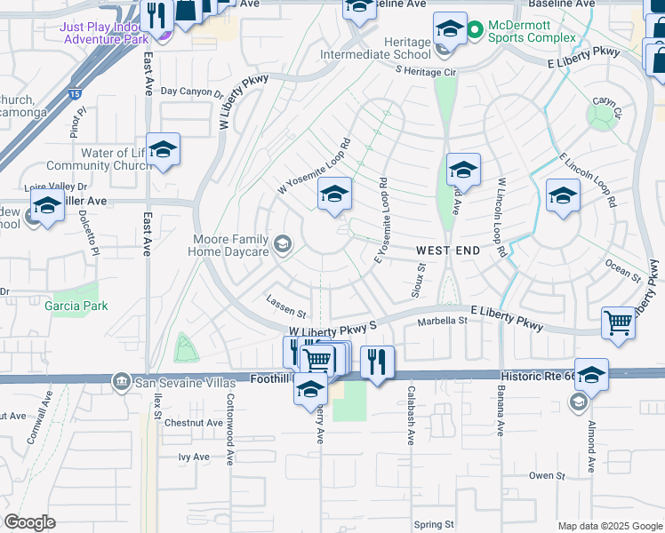 map of restaurants, bars, coffee shops, grocery stores, and more near 13646 Kings Canyon Court in Fontana