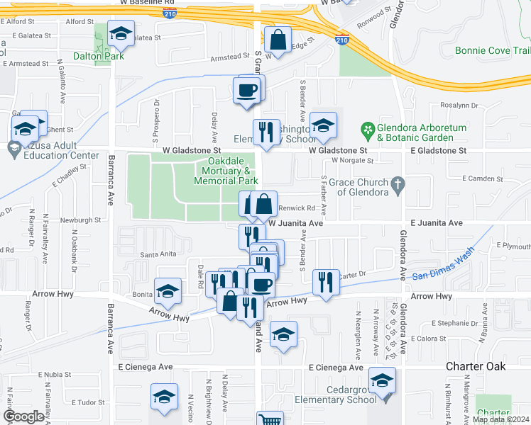 map of restaurants, bars, coffee shops, grocery stores, and more near 444 West Renwick Road in Glendora