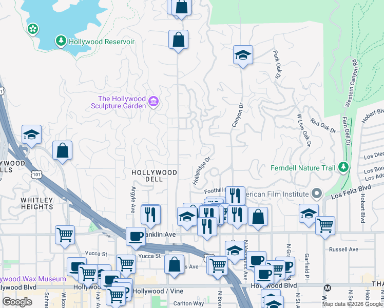 map of restaurants, bars, coffee shops, grocery stores, and more near 2222 Beachwood Drive in Los Angeles