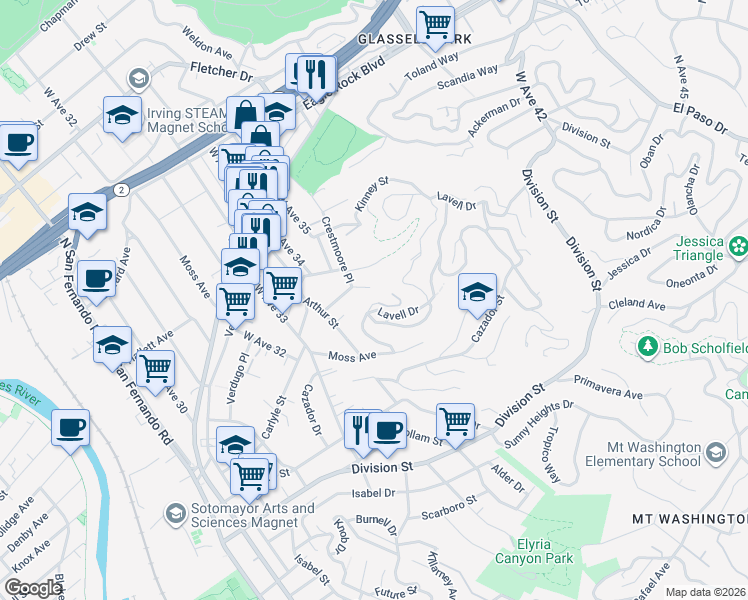map of restaurants, bars, coffee shops, grocery stores, and more near 2501 Yorkshire Drive in Los Angeles