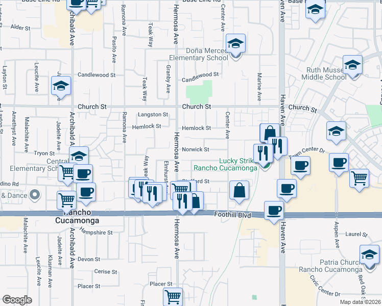 map of restaurants, bars, coffee shops, grocery stores, and more near 10159 Ashford Street in Rancho Cucamonga
