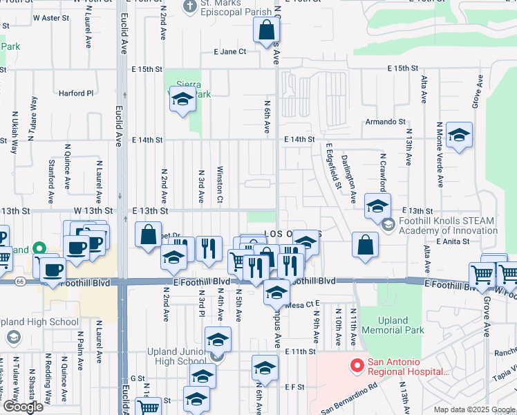 map of restaurants, bars, coffee shops, grocery stores, and more near 597 East 13th Street in Upland