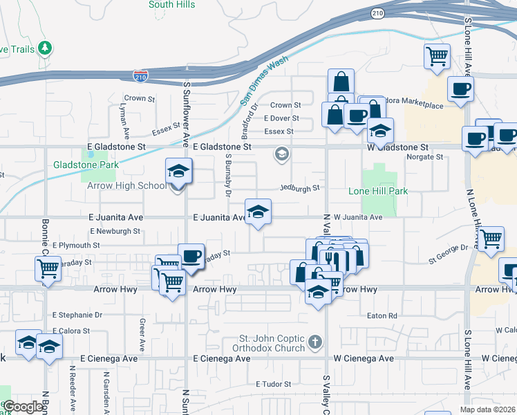 map of restaurants, bars, coffee shops, grocery stores, and more near 1102 East Renwick Road in Glendora