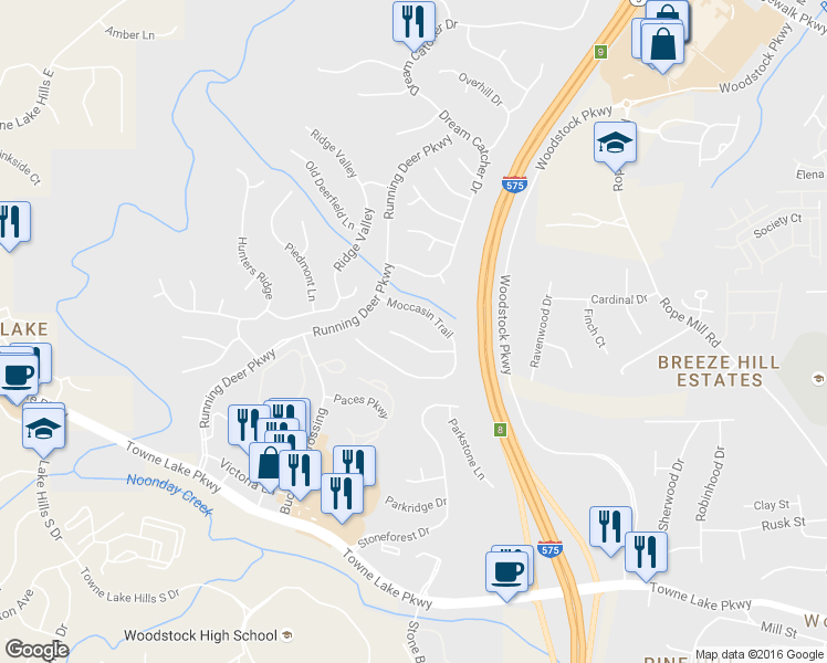 map of restaurants, bars, coffee shops, grocery stores, and more near 114 Bear Cave Trail in Woodstock